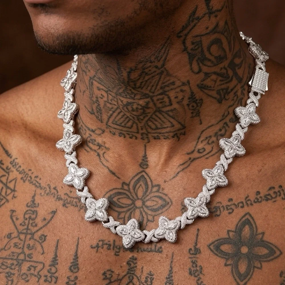 Crystal clover Flower Link Necklace - Silver 20inch